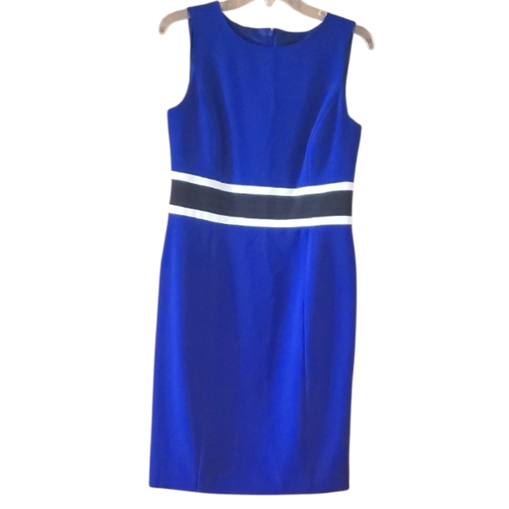 Evan Picone Royal Blue Midi Sheath Dress With White And Black Stripes Size 4